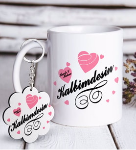 BK Gift Kişiye Özel Sevgililer Günü Beyaz Kupa ve Anahtarlık Hediye Seti-16 (Model 1)