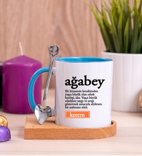 Ağabey Kelime Anlamı Ahşap Altlıklı Mavi Kupa Bardak
