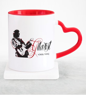 BK Gift Kişiye Özel Mesleki Gitarist Kırmızı Kalpli Kupa Bardak  1