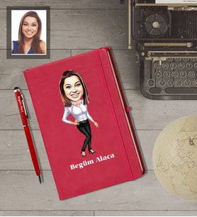 Kişiye Özel İş Kadını Karikatürlü  Kırmızı Defter Kalem Hediye Seti Bayan-19