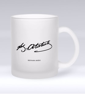 BK Gift Kişiye Özel Atatürk İmzalı Buzlu Cam Kupa Bardak-1 (Beyaz)