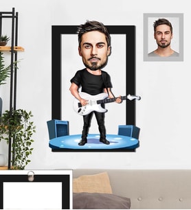 Kişiye Özel Gitarist Karikatürlü 3D Ahşap Tablo 30x47 Bay-3