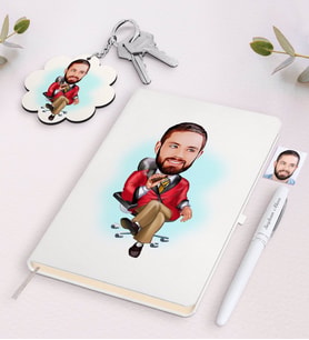 BK Gift Kişiye Özel Erkek Patron Karikatürlü Beyaz Defter Kalem ve Anahtarlık Hediye Seti-2 (Model 1)