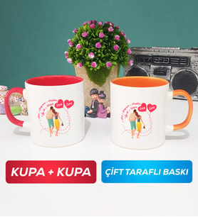 İkili Sevgiliye Sevgililer Günü Hediyesi 1 Kupa Bardak Kırmızı Turuncu