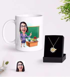 BK Gift Kişiye Özel Bayan Öğretmen Karikatürlü Kupa Ve Papatya Kolye Hediye Seti-1 (Model 1)