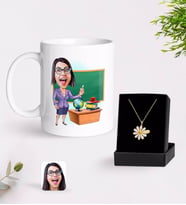 BK Gift Kişiye Özel Bayan Öğretmen Karikatürlü Kupa Ve Papatya Kolye Hediye Seti-1 (Model 1)