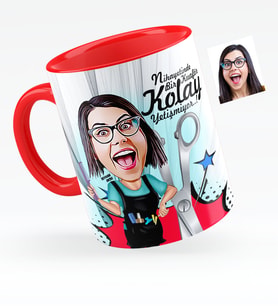 BK Gift Kişiye Özel Bayan Kuaförü Karikatürlü Kırmızı Kupa Bardak  1