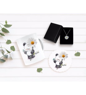 BK Gift Kişiye Özel Papatya Temalı Kupa Bardak Altlığı ve İsimli Silver Papatya Kolye Seti-9 (Model 1)