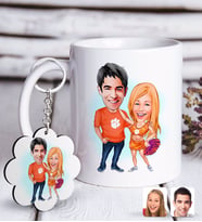 BK Gift Kişiye Özel Sevgililer Karikatürlü Beyaz Kupa ve Anahtarlık Hediye Seti-54 (Model 1)