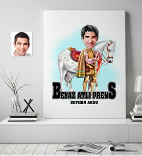 BK Gift Kişiye Özel Beyaz Atlı Prens Karikatürlü Kanvas Tablo (50x70cm.) 1