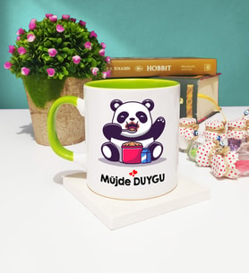 Sevimli Panda Tasarımlı Kişiye Özel Panda Kupa Bardak Yeşil