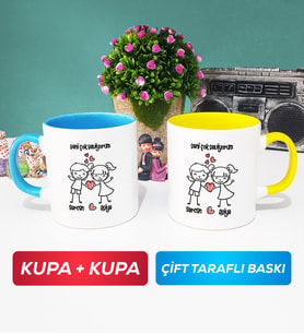 İkili Kişiye Özel Sevgililer Günü Hediyesi Kupa Bardak Mavi Sarı