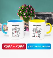 İkili Kişiye Özel Sevgililer Günü Hediyesi Kupa Bardak Mavi Sarı