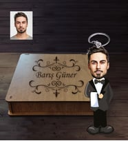 Kişiye Özel Şef Garson Karikatürlü Ahşap Anahtarlık Kutulu Bay-1