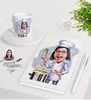 BK Gift Kişiye Özel Bayan Chef Karikatürlü Beyaz Defter Kalem Türk Kahvesi Fincanı Seti-1 (Model 1)