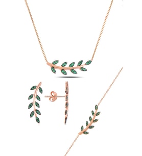 Söğütlü Silver Gümüş rose yeşil  taşlı yaprak  üçlü set