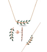 Söğütlü Silver Gümüş rose yeşil  taşlı yaprak  üçlü set