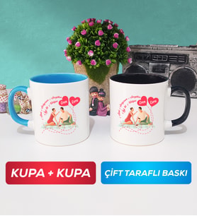 İkili Sevgiliye Sevgililer Günü Hediyesi 5 Kupa Bardak Mavi Siyah