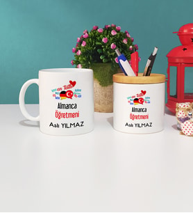 Mesajlı Almanca Öğretmeni Hediye Kupa Bardak ve Kalemlik Hediye Seti