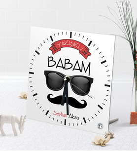 BK Gift Kişiye Özel Yakışıklı Babam Masaüstü Kare Cam Saat-5 (Beyaz)