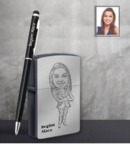 Kişiye Özel Öğretmen Karikatürlü Siyah Çakmak Kalem Hediye Seti Bayan-6 (Model 1)