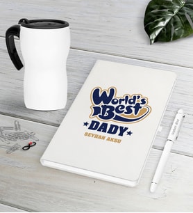 BK Gift Kişiye Özel Dünyanın En İyi Babası Beyaz Defter Kalem Termos Mug Seti-3 (Model 1)