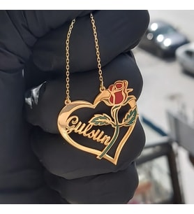 925 Ayar Gümüş 24 Ayar Altın Kaplama İsimli Kalpli Gül Kolye (Gold)