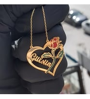 925 Ayar Gümüş 24 Ayar Altın Kaplama İsimli Kalpli Gül Kolye (Gold)