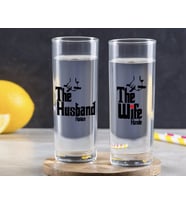 BK Gift Kişiye Özel Renkli Baskılı The Husband Wife Tasarımlı İkili Vodka Bardağı-1 (Beyaz)