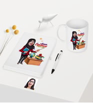 BK Gift Kişiye Özel Tesettürlü Bayan Öğretmen Temalı Karikatürlü Beyaz Defter Kalem Kupa Seti - 1