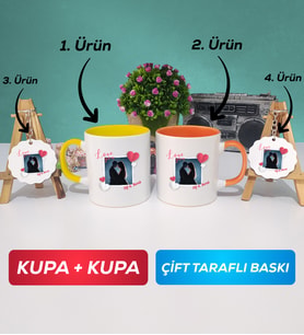 İkili Sarı Turuncu Sevgiliye Sevgililer Günü Hediyesi 7 Kupa Bardak Anahtarlık