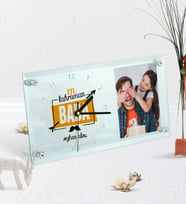 BK Gift Kişiye Özel Fotoğraflı En Kahraman Baba Masaüstü Cam Saat (Beyaz)