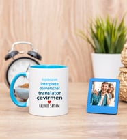 Çevirmen Mavi Kupa Bardak ve Mavi Mini Fotoğraf Çerçevesi