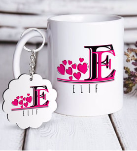 BK Gift Kişiye Özel Harfli Beyaz Kupa ve Anahtarlık Hediye Seti-2 (Model 1)