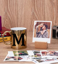 Baş Harfli Gold Kupa Bardak ve Ahşap Standlı Polaroid Se
