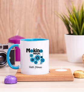 Makine Teknisyeni Ahşap Altlıklı Mumlu Mavi Kupa Bardak