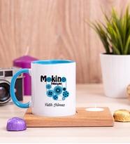 Makine Teknisyeni Ahşap Altlıklı Mumlu Mavi Kupa Bardak