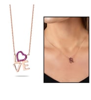 Pembe Zirkon Taşlı Love-Kalp Tasarım 925 Ayar Gümüş Bayan Kolye