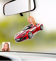 BK Gift Kişiye Özel Bayan Ferrari California Karikatürlü Ahşap Plakalı Araba Dikiz Ayna Süsü (Beyaz)