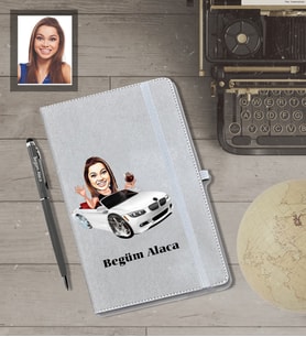 Kişiye Özel Sürücü Karikatürlü Gri Defter Kalem Hediye Seti  Bayan-2