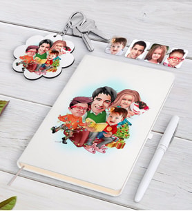 BK Gift Kişiye Özel Yeni Yıl Aile Karikatürlü Beyaz Defter Kalem ve Anahtarlık Hediye Seti-6 (Model 1)