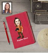 Kişiye Özel Fotoğrafçı Karikatürlü  Kırmızı Defter Kalem Hediye Seti Bayan-2