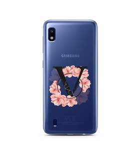 Pembe Çiçekli Harf Tasarım Süper Şeffaf Silikon Telefon Kılıfı Samsung A10 V-Har