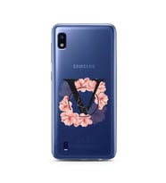 Pembe Çiçekli Harf Tasarım Süper Şeffaf Silikon Telefon Kılıfı Samsung A10 V-Har