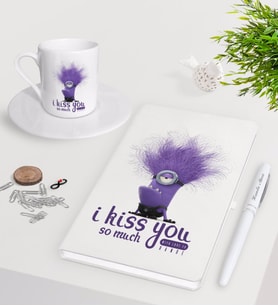 BK Gift Kişiye Özel I Kiss You Beyaz Defter Kalem Türk Kahvesi Fincanı Seti-1 (Model 1)