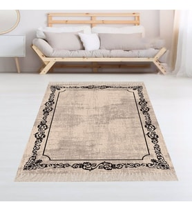 Osmanlı Motif Çerçeveli Dijital Baskı Yıkanabilir Kaymaz Taban Düz Salon Halı ve Yolluk (Kahverengi Açık)
