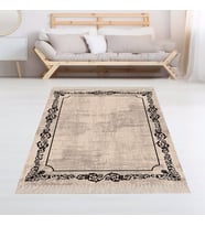 Osmanlı Motif Çerçeveli Dijital Baskı Yıkanabilir Kaymaz Taban Düz Salon Halı ve Yolluk (Kahverengi Açık)