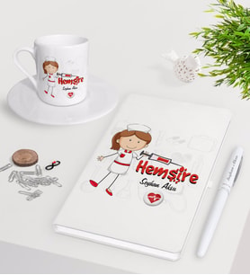 BK Gift Kişiye Özel Hemşire Beyaz Defter Kalem Türk Kahvesi Fincanı Seti-5 (Model 1)