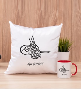 Osmanlı Tuğralı Kare Yastık ve Kırmızı Kupa Bardak