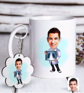 BK Gift Kişiye Özel Erkek Radyolojist Karikatürlü Beyaz Kupa ve Anahtarlık Hediye Seti-1 (Model 1)
